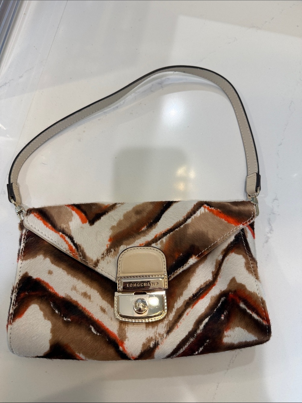 Longchamp Cream, Brown & Orange Calf Hair Shoulder Bag